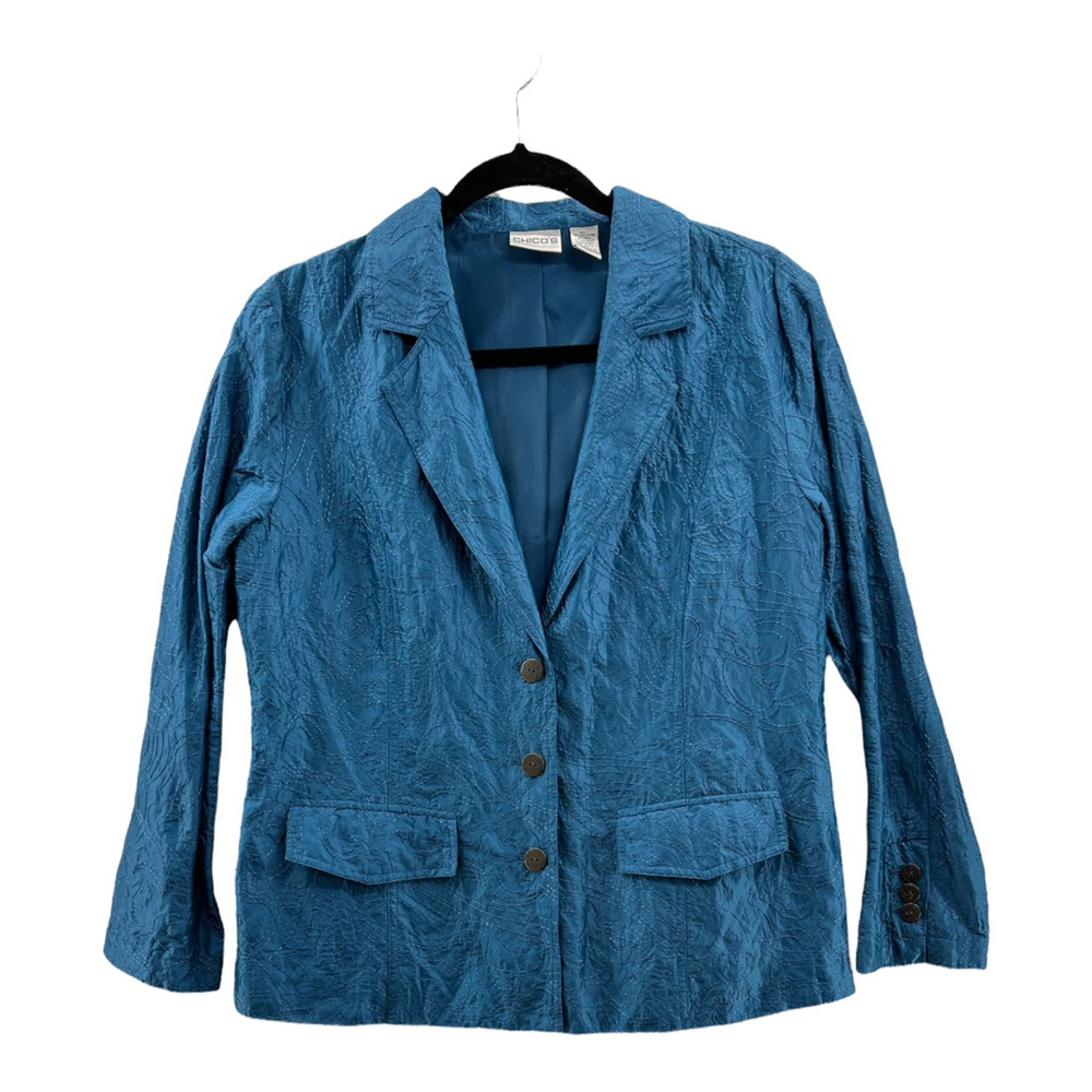 Chicos Womens Suit Jacket Blazer Blue Floral Embroidered Lined Pockets 1 M/8